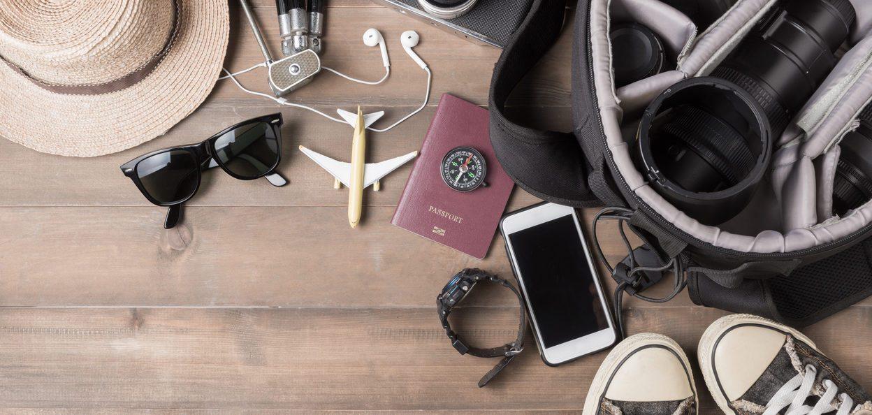 Travel accessories costumes. Passports, bag, vintage camera