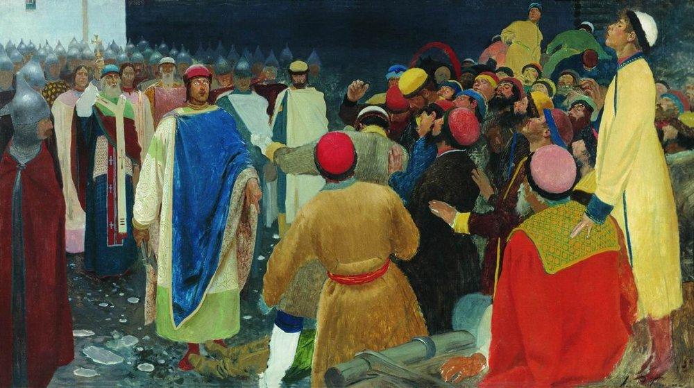 Knyaz Gleb Svyatoslavovych kills Magi at the Novgorod veche (Prince’s Court)