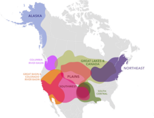 A map of the bio-geographic ancestral regions that include the Columbia River Basin, the Great Basin & Colorado River Basin, Great Lakes& Canada, the Northeast, South Central, the Plains and Southwest.