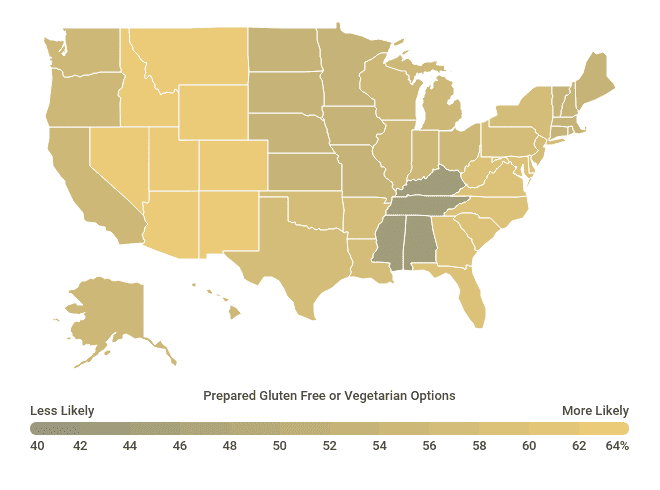 A map of the United States showing regions that are more likely to likely to have prepared gluten free or vegetarian options.