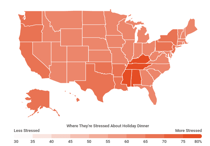 A map of the United States showing regions where people are feeling the most stressed about holiday dinner preparations.