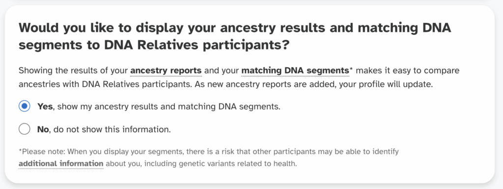 An image showing the DNA Relatives settings that allow you share segments or not.